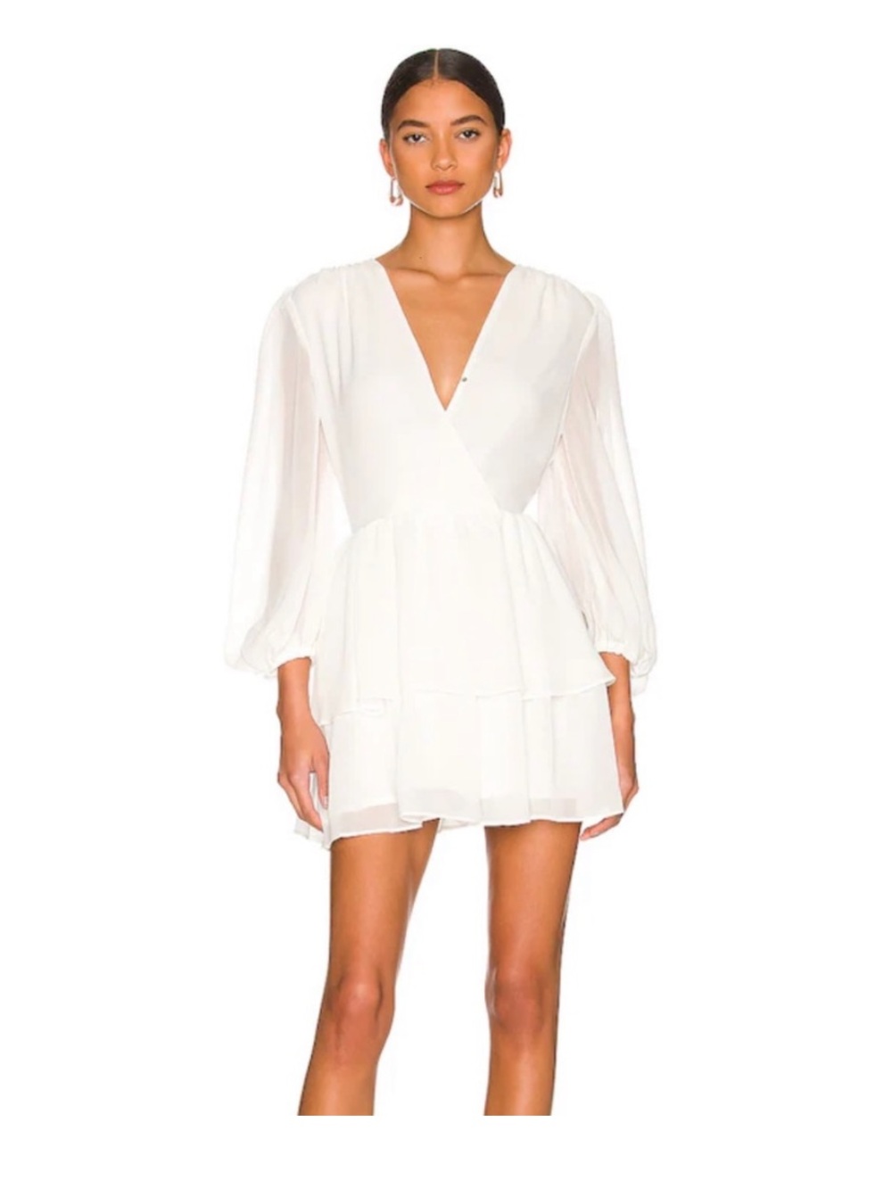 Bardot Mala Mini Dress in Orchid White - Ruffle Long Balloon Sleeve V-Neck
